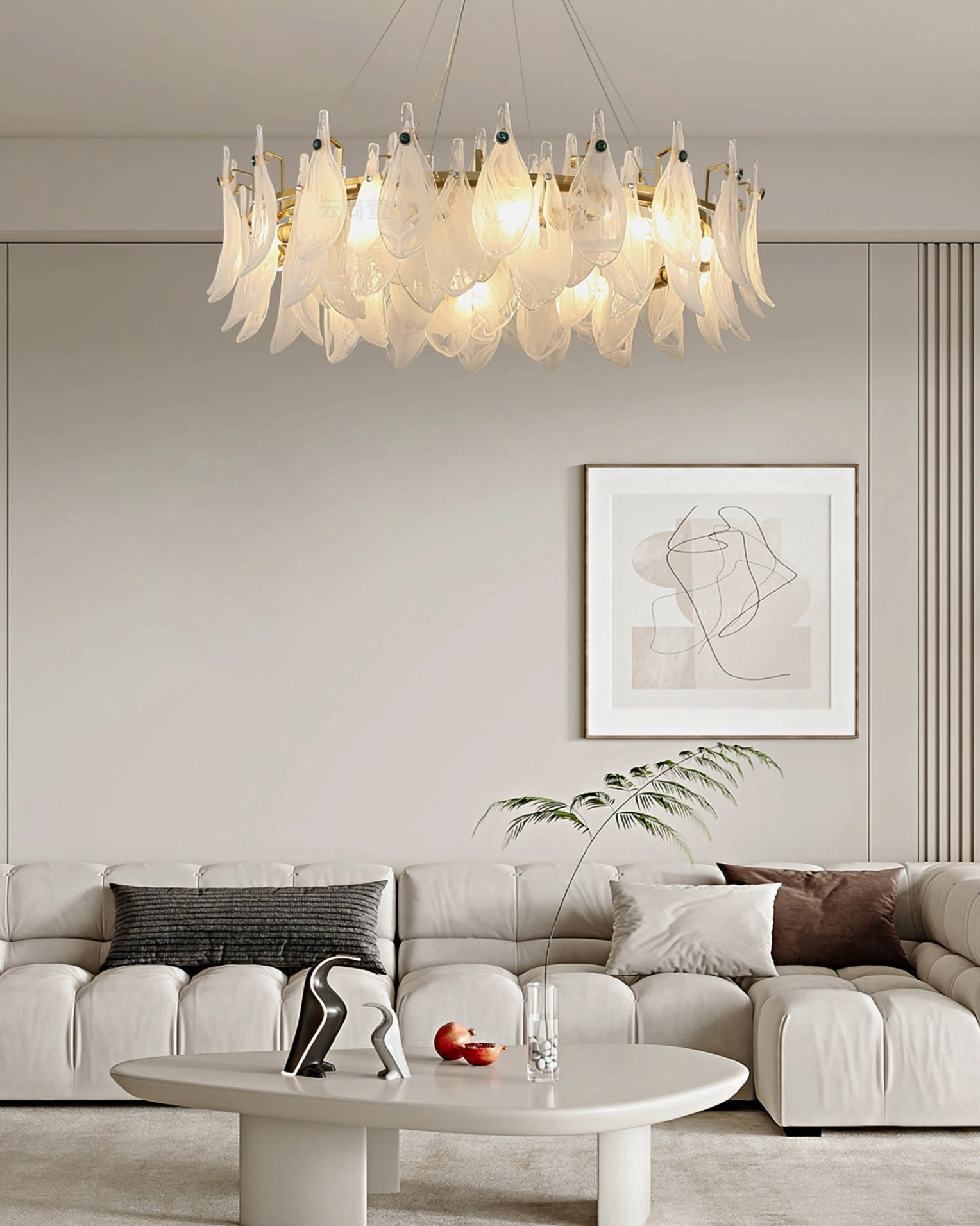 Round cloud glass chandelier with frosted petals in modern minimalist living room