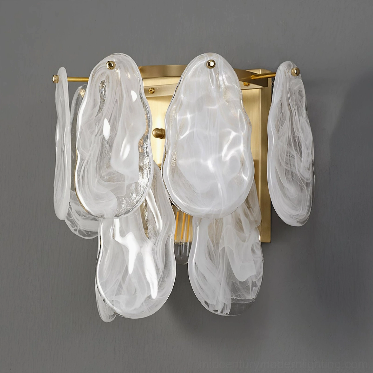 Cloud glass wall sconce angle view displaying frosted petal-shaped glass elements and complete brass gold hardware