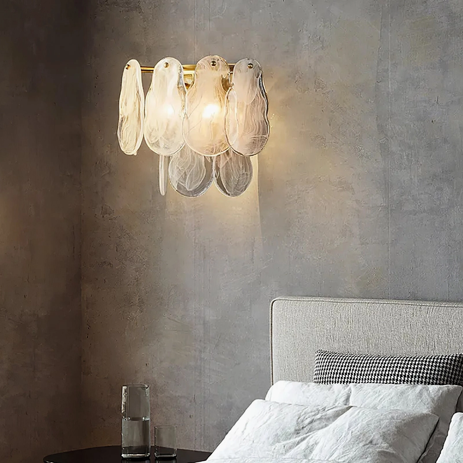 Cloud glass wall lamp in contemporary home setting, overhead view showing installation and interior coordination