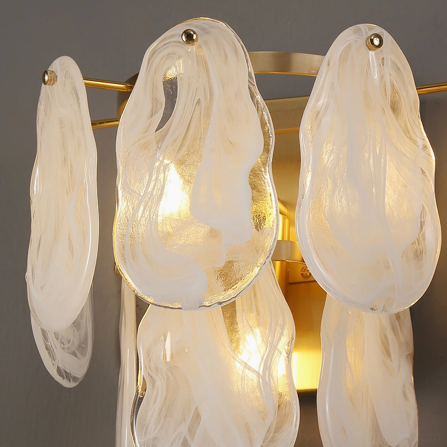 Cloud glass wall lamp side profile showing elegant petal-shaped frosted glass shades arrangement and brass base