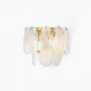 Cloud glass wall sconce with frosted petal-shaped shades and brass gold frame, front view on white background