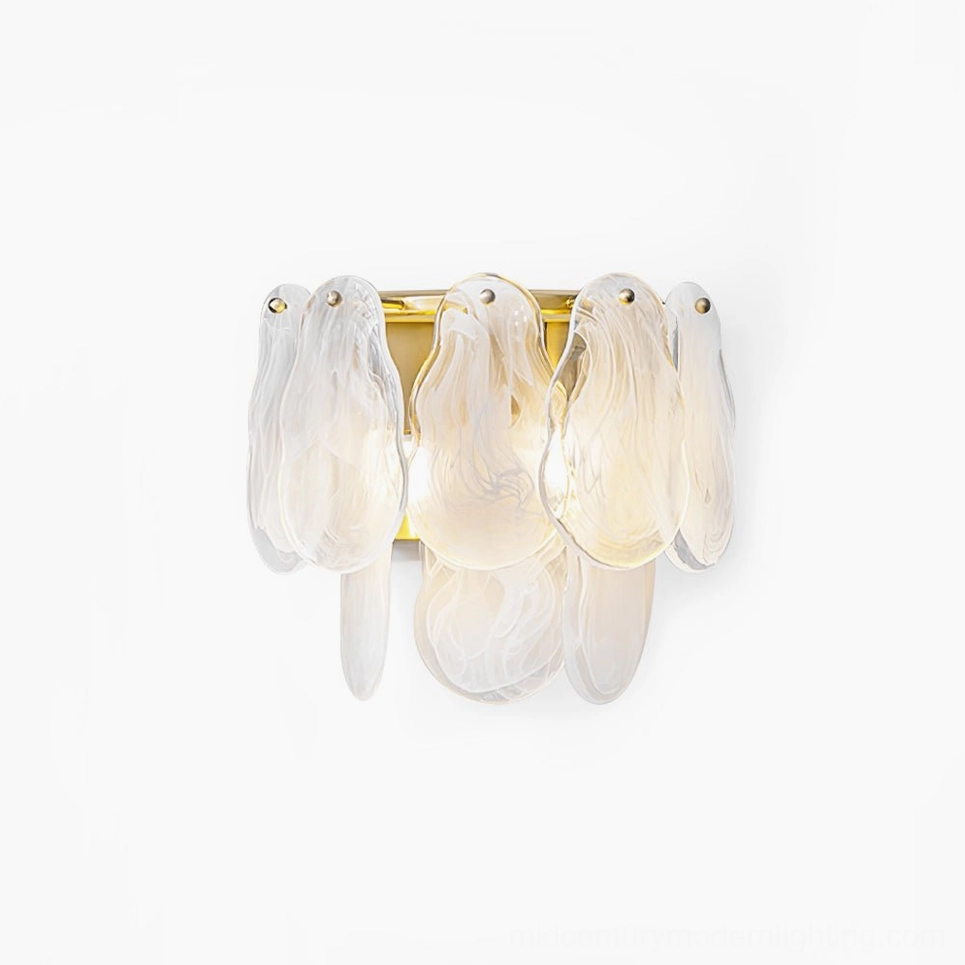 Cloud glass wall sconce with frosted petal-shaped shades and brass gold frame, front view on white background