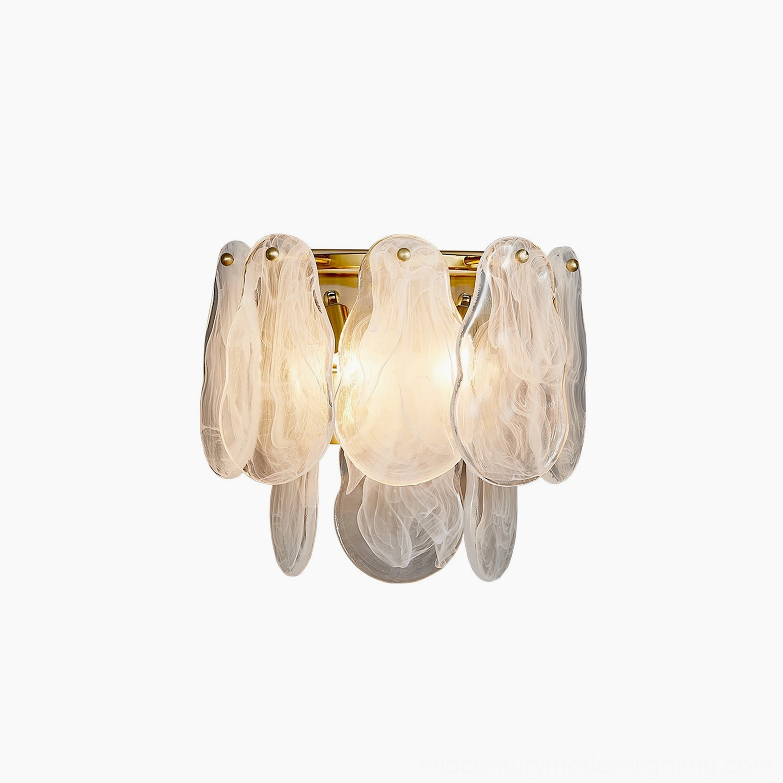 Cloud glass wall sconce with warm atmospheric lighting in interior space, showcasing ambient glow and frosted glass design