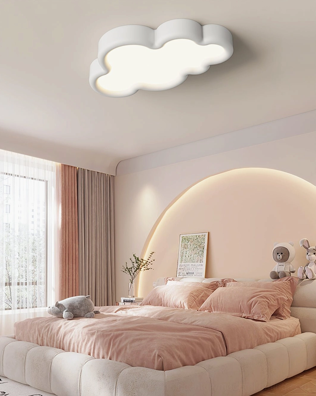 Crown Cloud light fixture in pink girly bedroom with arched headboard warm lighting
