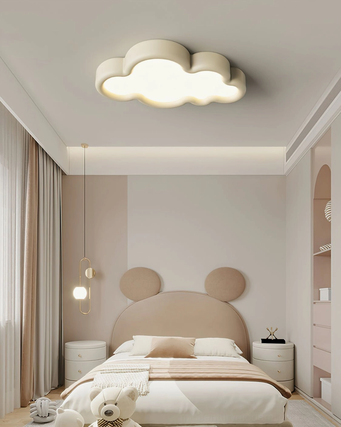 Creamy white cloud light fixture in sweet bedroom with Minnie-style headboard