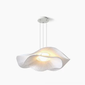 Cloud pendant lamp front close-up with double-layer pleated white fabric design studio view