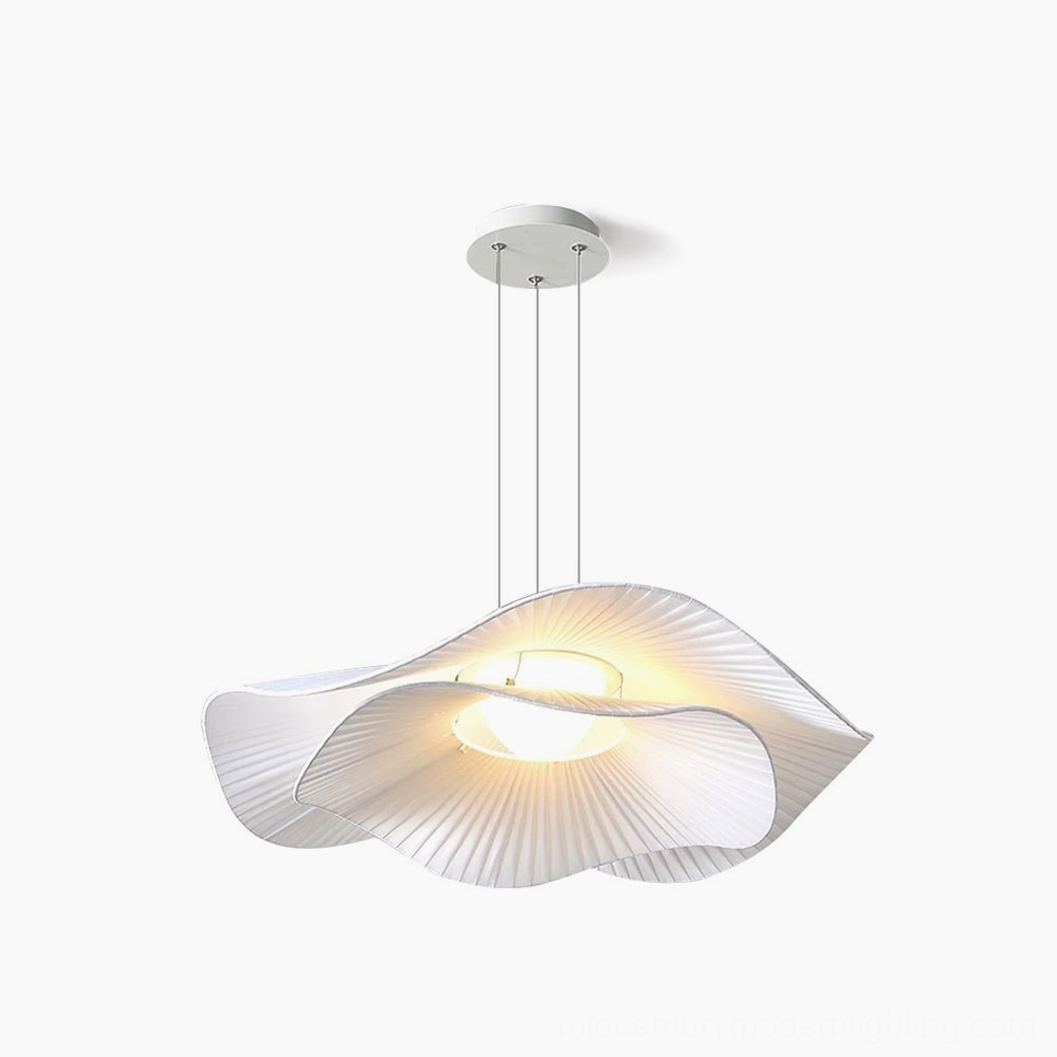 Cloud pendant lamp front close-up with double-layer pleated white fabric design studio view