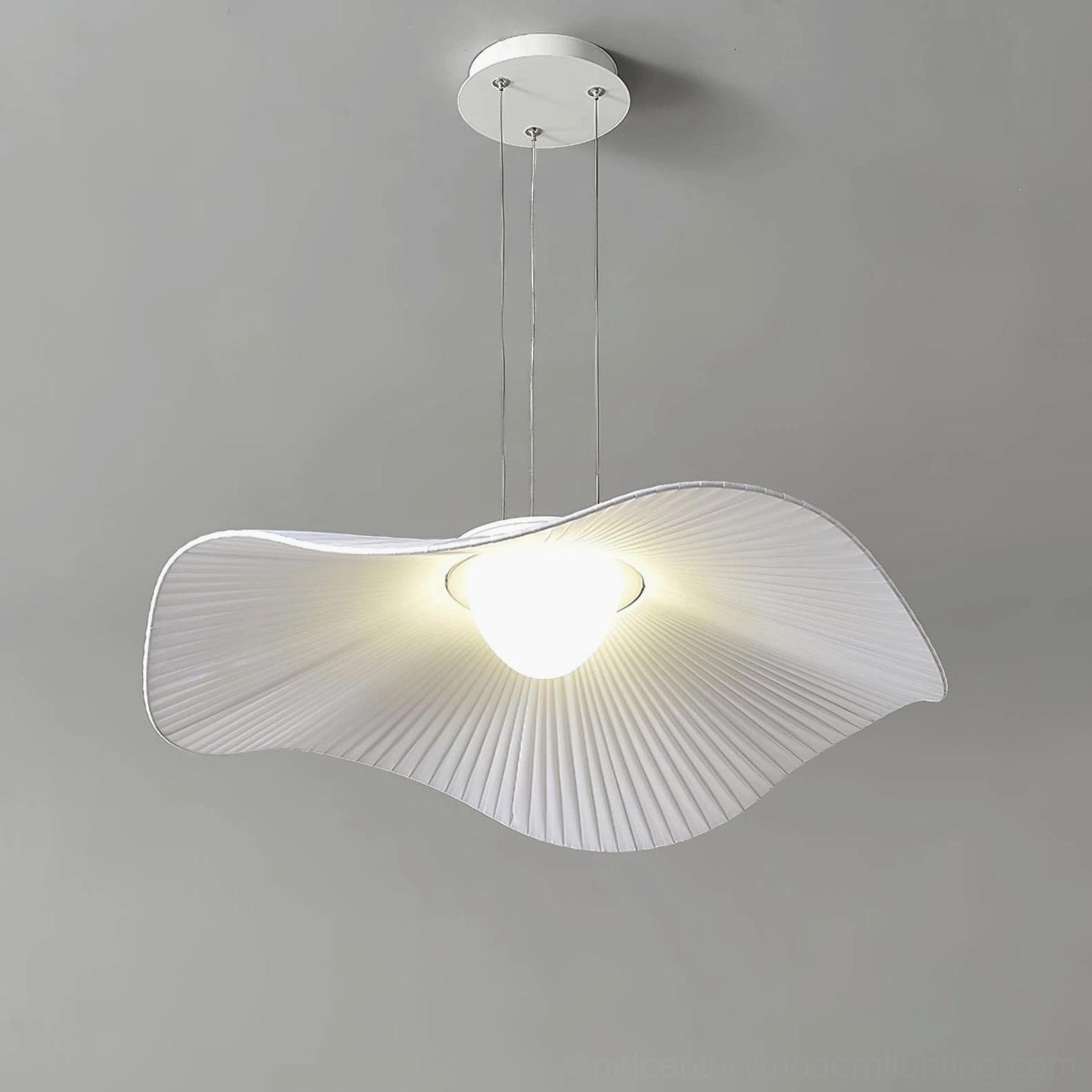 Single cloud pendant lamp illuminated with central LED bulb wide wavy fabric shade