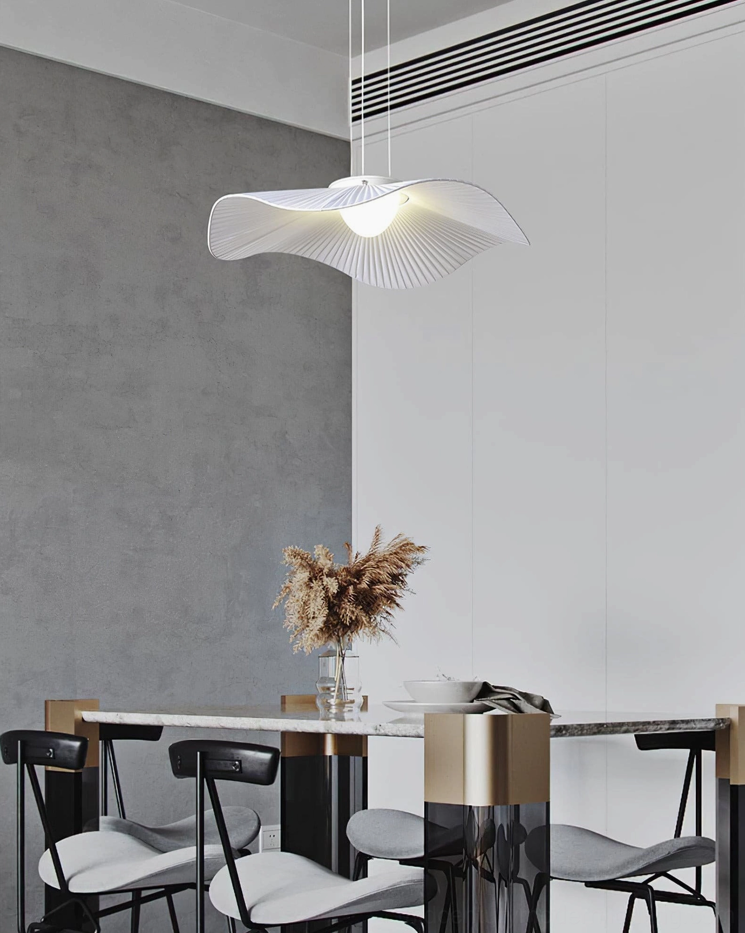 White cloud pendant lamp side profile view curved fabric design elegant silhouette