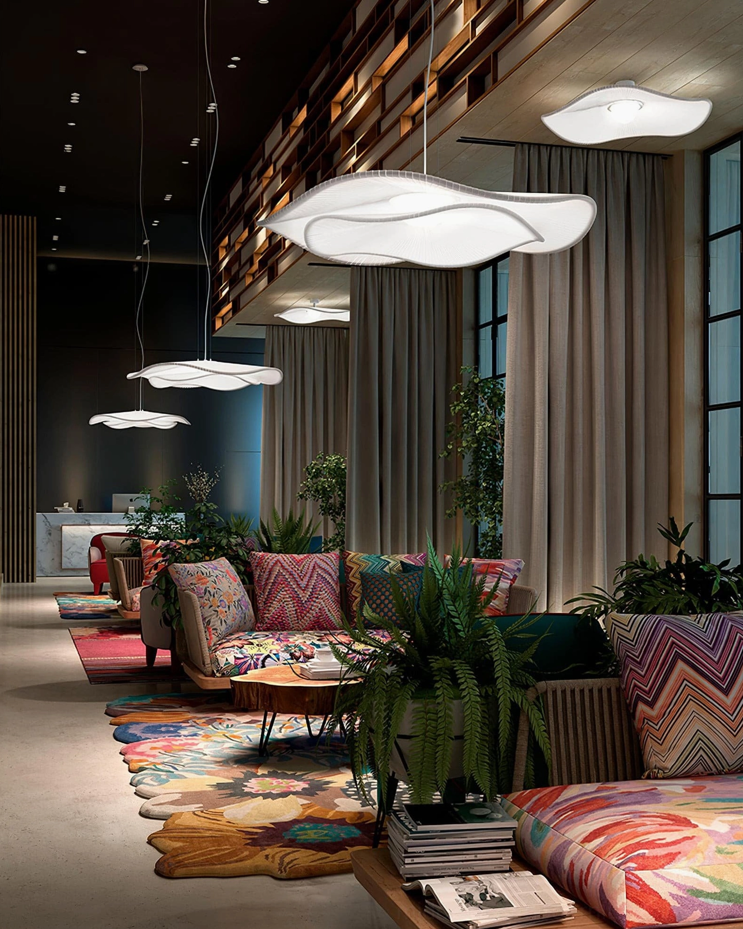 Multiple cloud pendant lamps suspended in Nordic luxury living room interior design setting