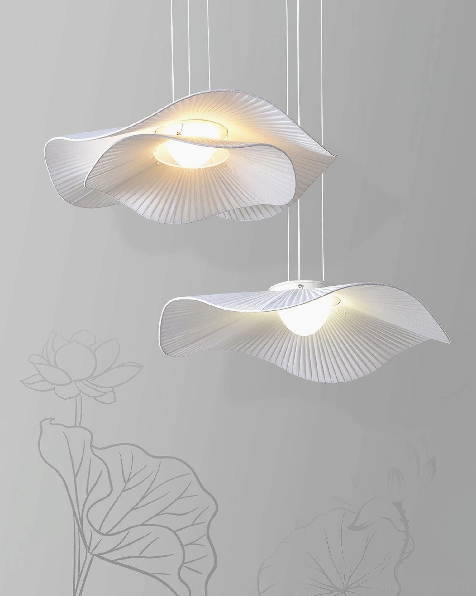 Two sizes of pleated cloud pendant lamps comparison front oblique view minimalist style