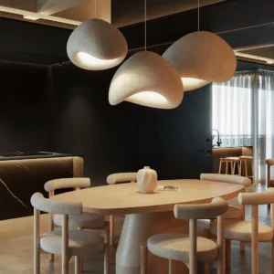 Multiple cloud pendant lights clustered in dark dining room beige organic shape wabi-sabi