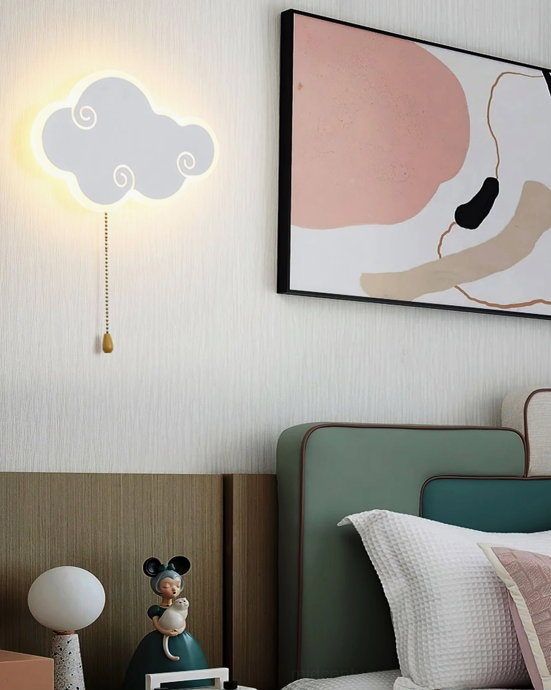 Gray cloud wall lamp mounted above soft gray bed in contemporary child's bedroom setting