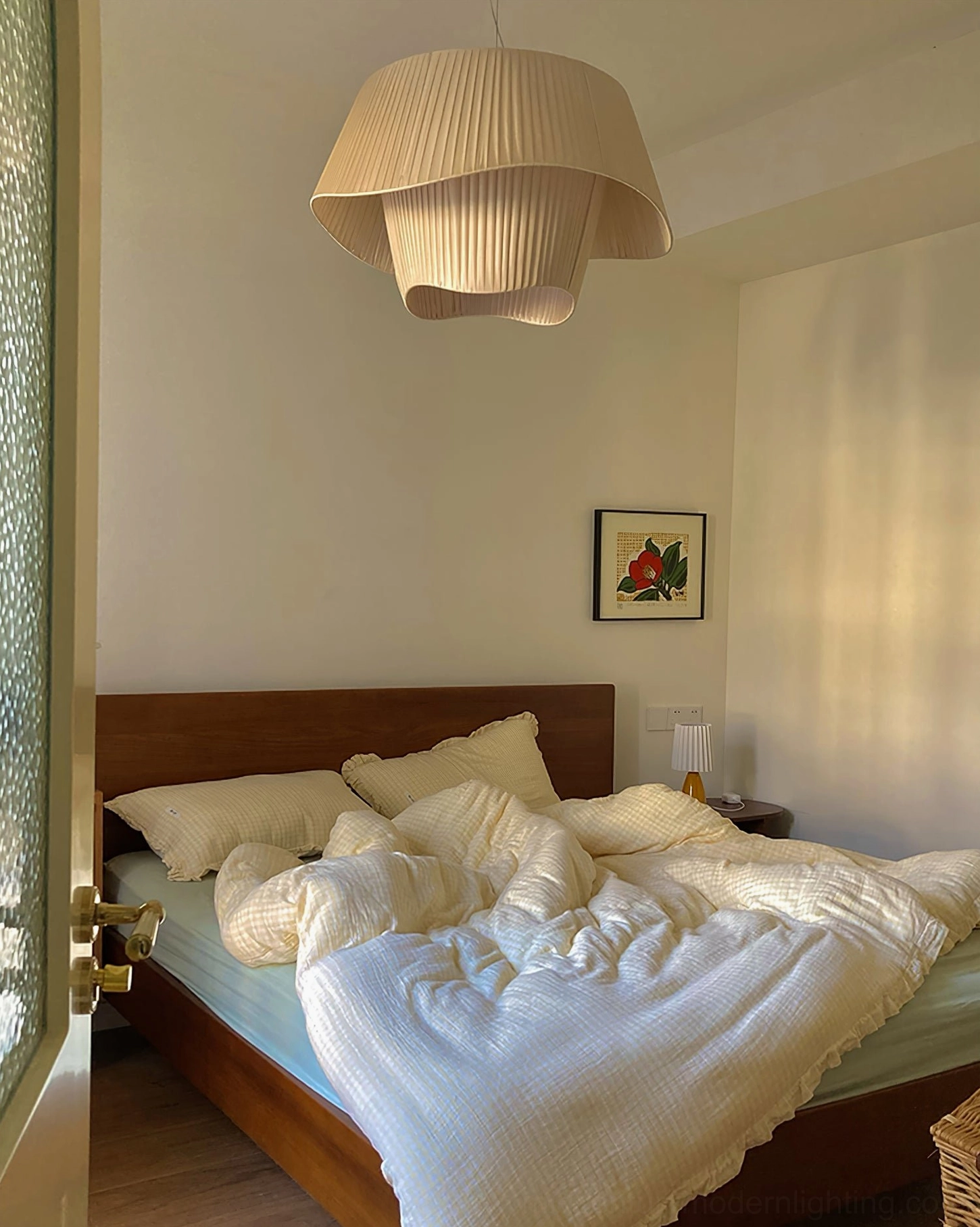 Coco light khaki double-layer pleated shade pendant lamp in cozy casual bedroom setting