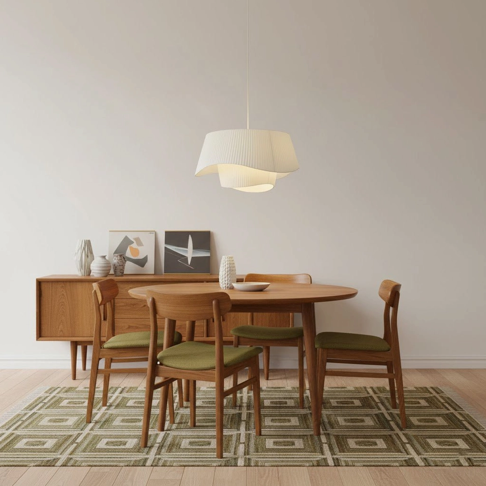 Coco pleated pendant lamp suspended over Nordic wooden dining table in bright dining room