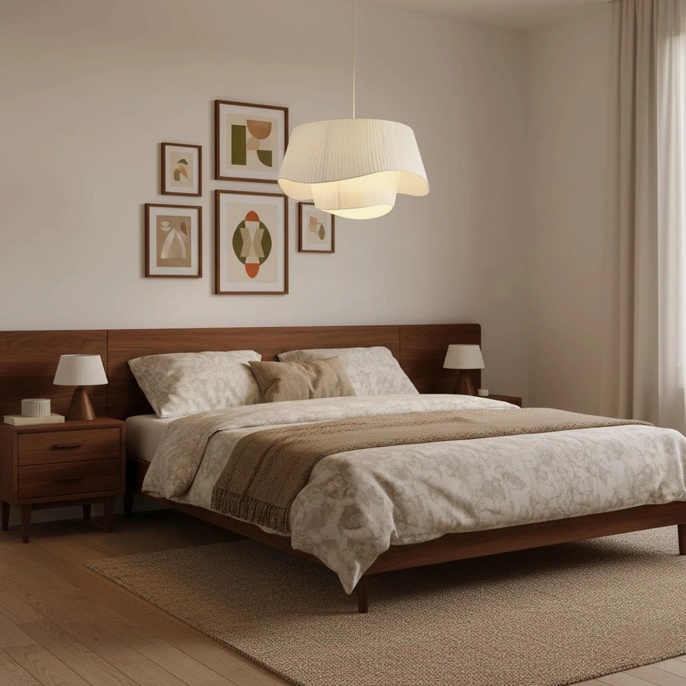 Coco off-white pleated pendant lamp in Nordic bedroom with gallery wall and wooden bed frame