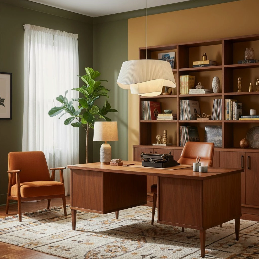 Coco pleated pendant lamp in vintage home office and study room with retro desk and bookshelf