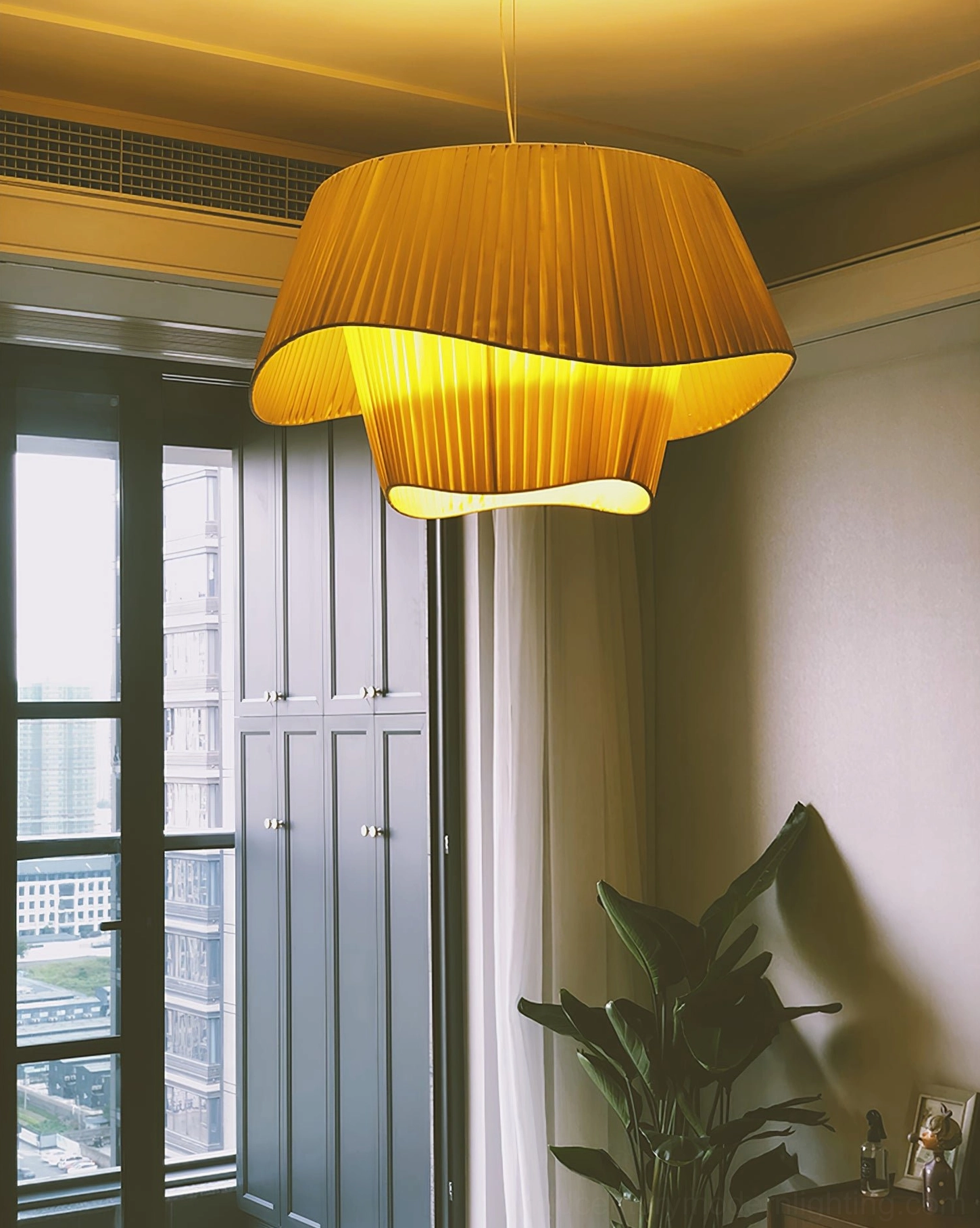 Coco pleated pendant lamp layered lighting design in multi-room home interior showcase