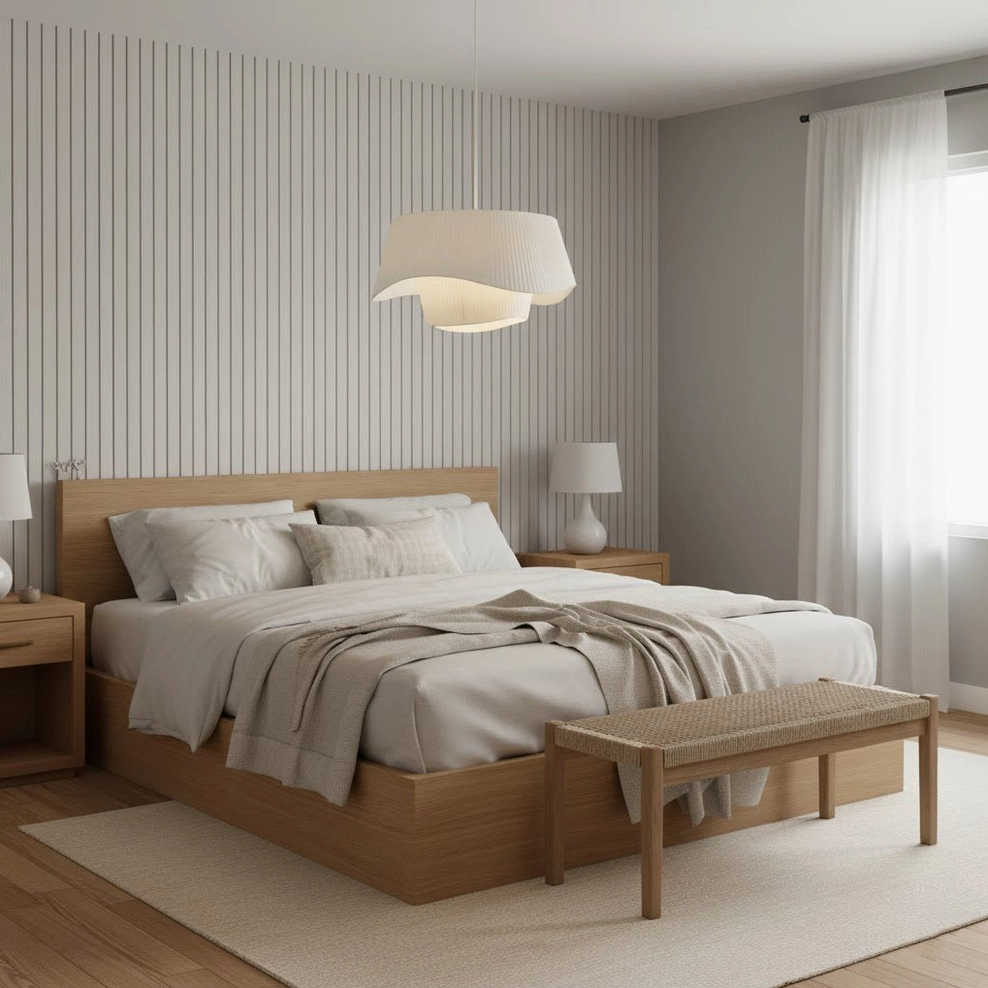 Coco pleated pendant lamp in Japanese minimalist bedroom with fluted accent wall