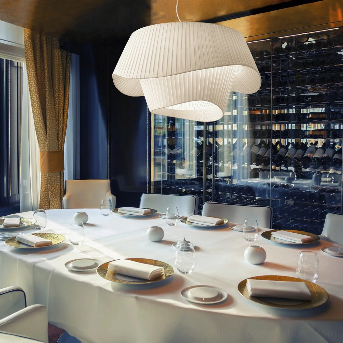 Coco pleated pendant lamp extendable 150cm wire suspension system over dining table layout