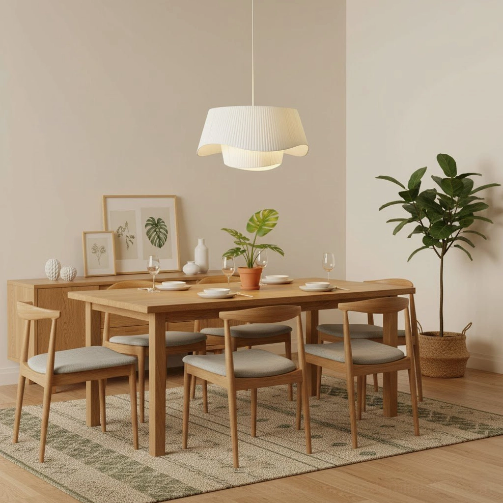 Coco off-white pleated pendant lamp in vintage dining area with potted plants and gallery wall art
