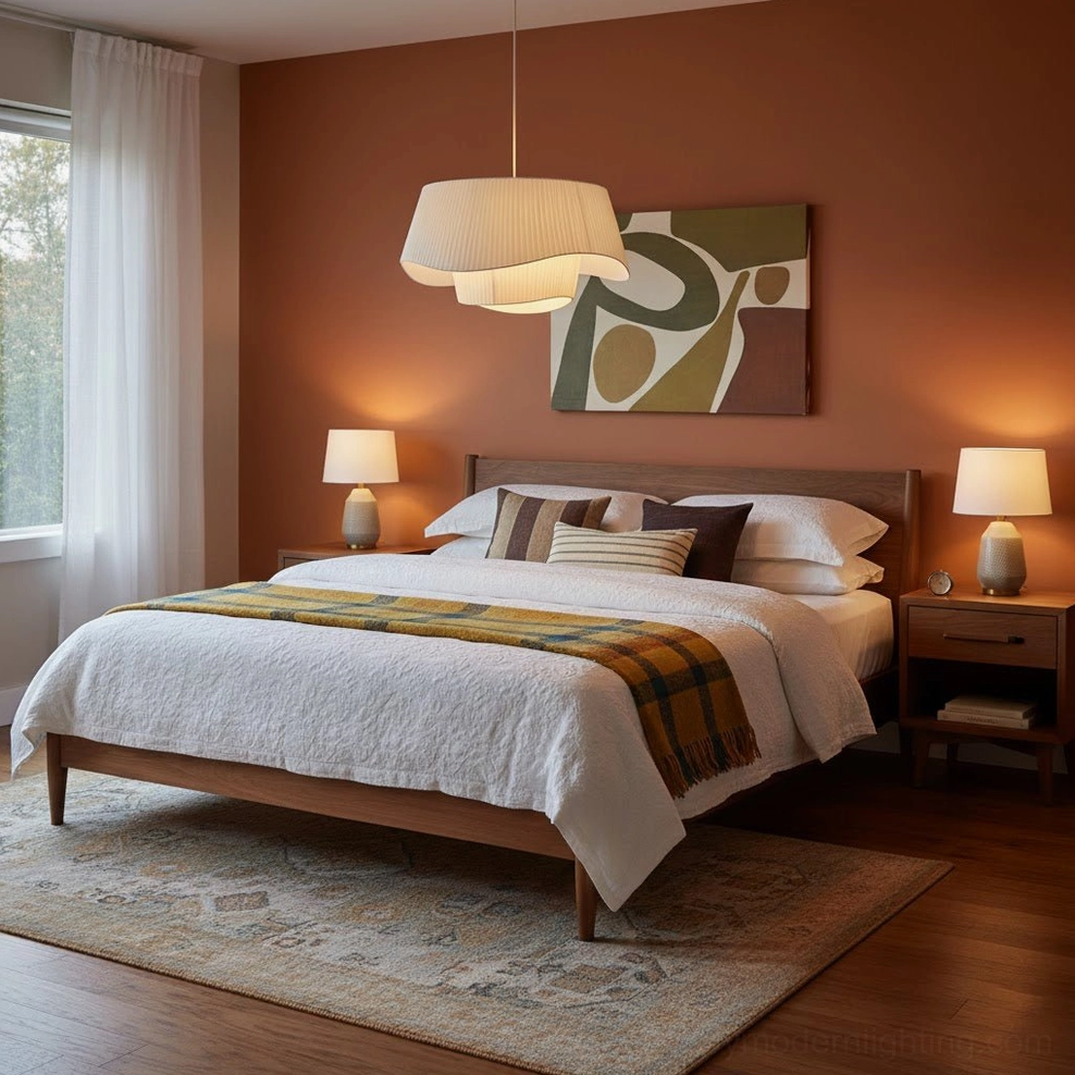 Two Coco pleated pendant lamps hanging in warm-toned master bedroom with wooden furniture