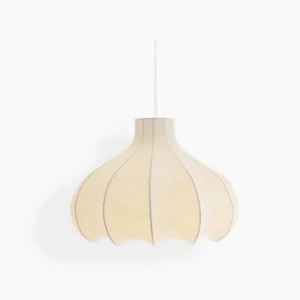 Cocoon silk pendant lamp with accordion pleats, front view on white background, modern minimalist lighting fixture