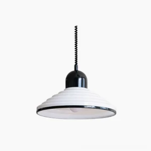 Black and white ridged glass pendant lamp front view studio shot showcasing mid-century modern design