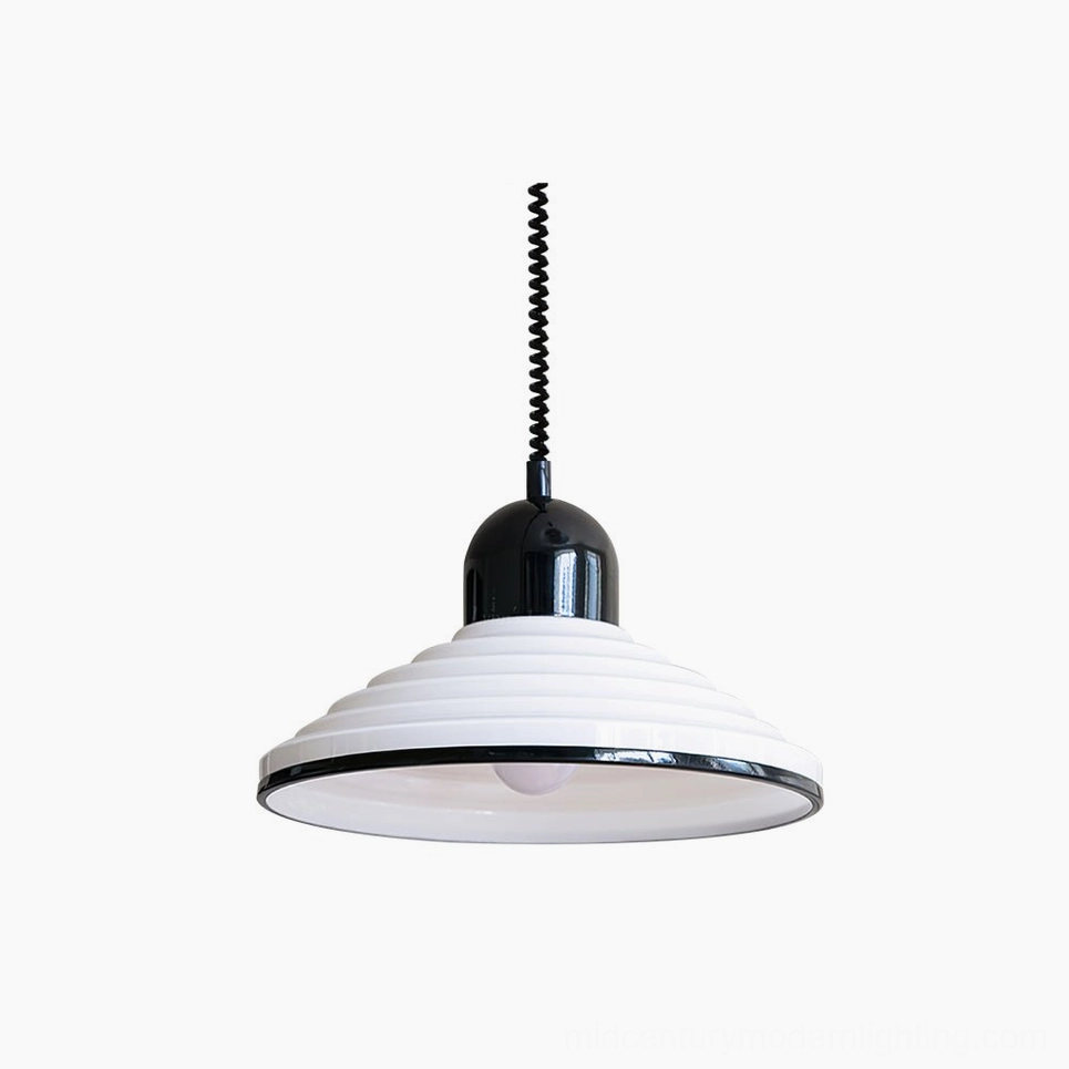 Black and white ridged glass pendant lamp front view studio shot showcasing mid-century modern design