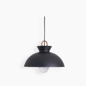 Coil modern pendant light with matte black finish and exposed Edison bulb, studio front view