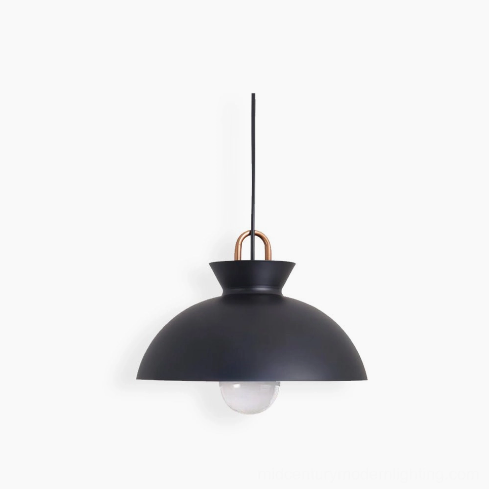Coil modern pendant light with matte black finish and exposed Edison bulb, studio front view
