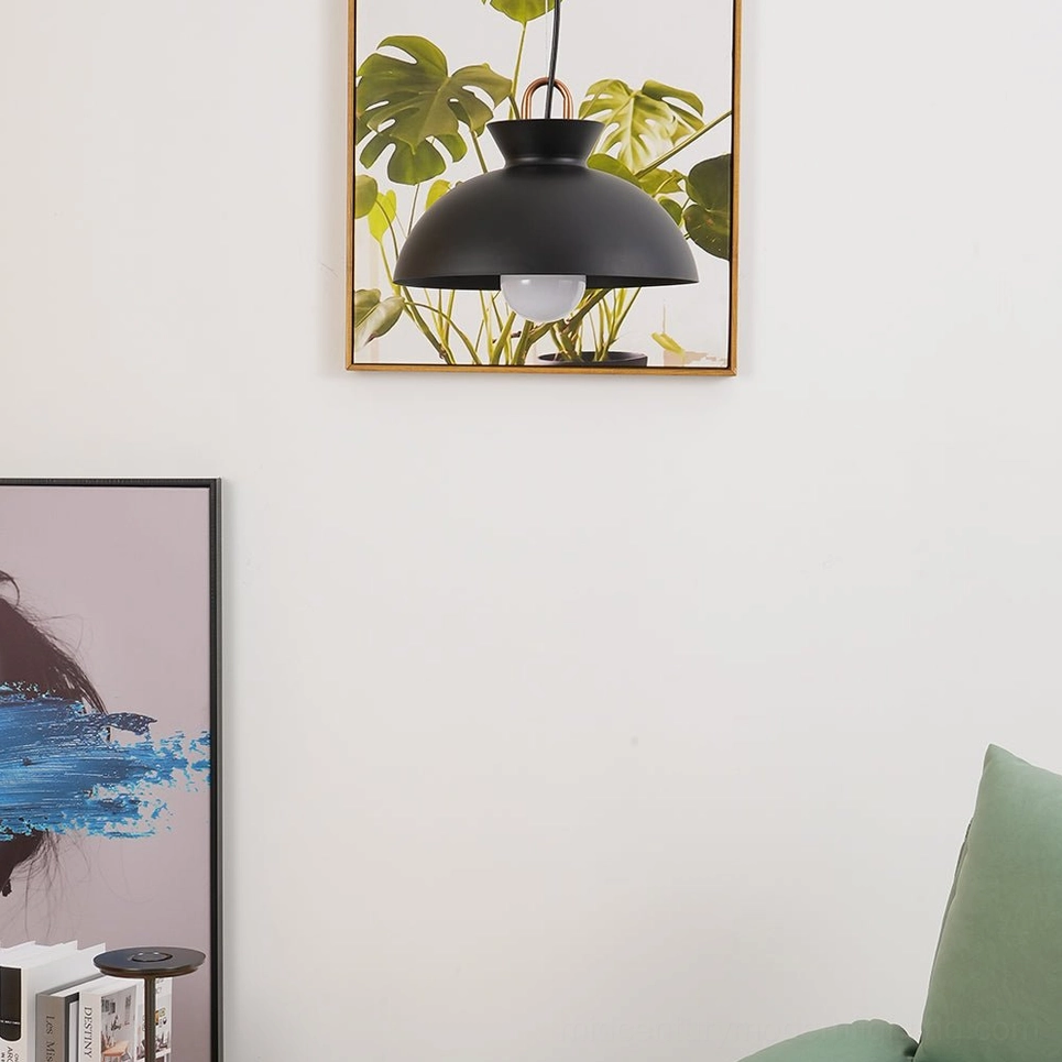 Black matte coil suspension lamp in minimalist living space with green sofa and plant art