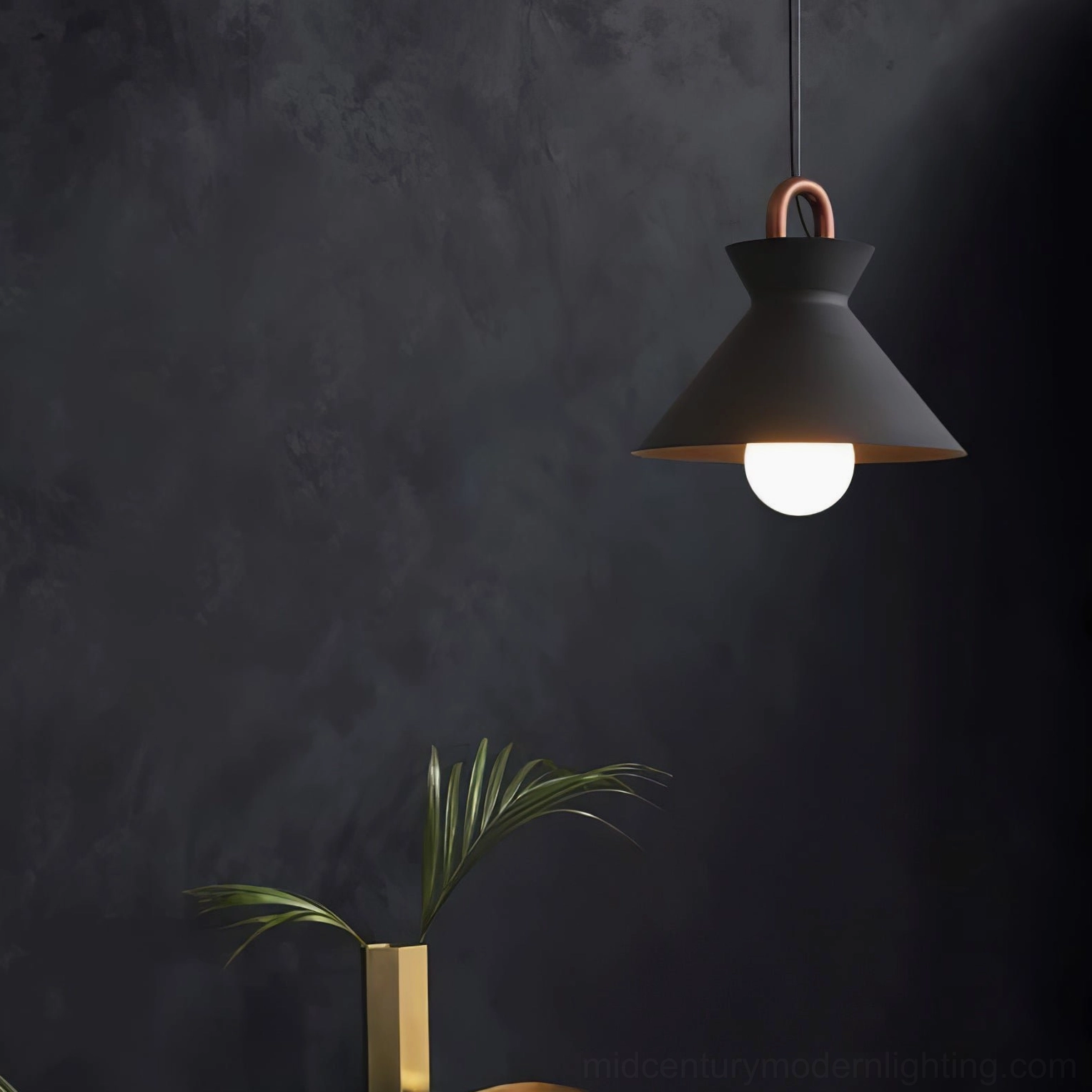 Coil tapered pendant light with copper suspension hardware in modern home setting