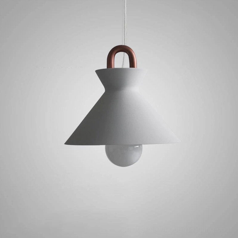 Coil pendant lamp in white matte finish with copper hanging hardware detail