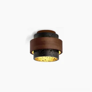 Cole Travertine Flush Mount Ceiling Light - front view with layered stone and walnut wood design on white background