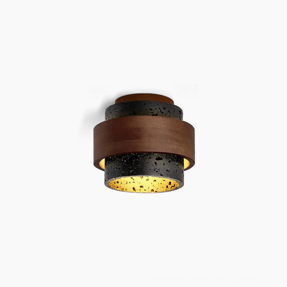 Cole Travertine Flush Mount Ceiling Light - front view with layered stone and walnut wood design on white background
