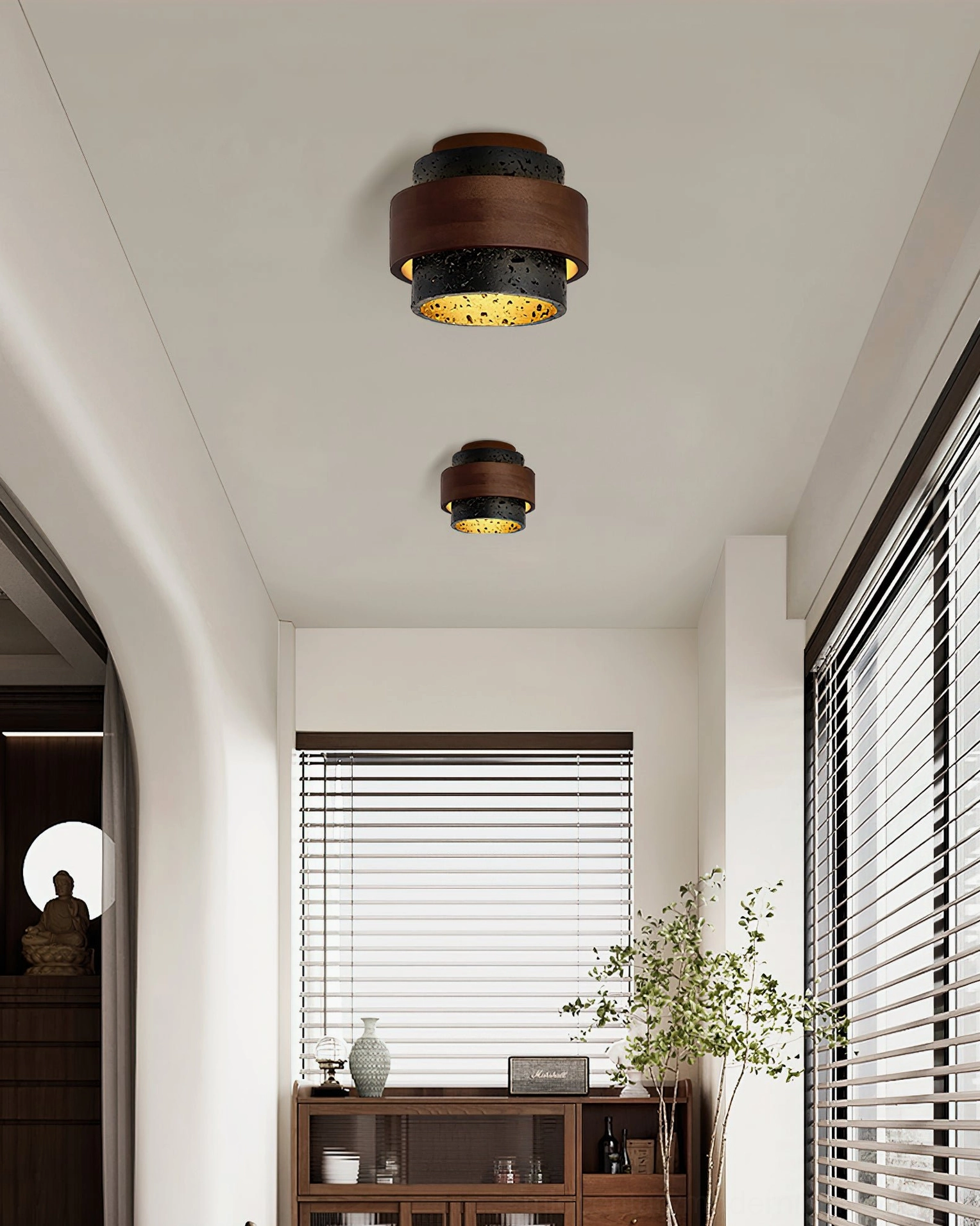 Cole Travertine ceiling light in windowed residential hallway showing dual fixture installation with neutral minimalist decor