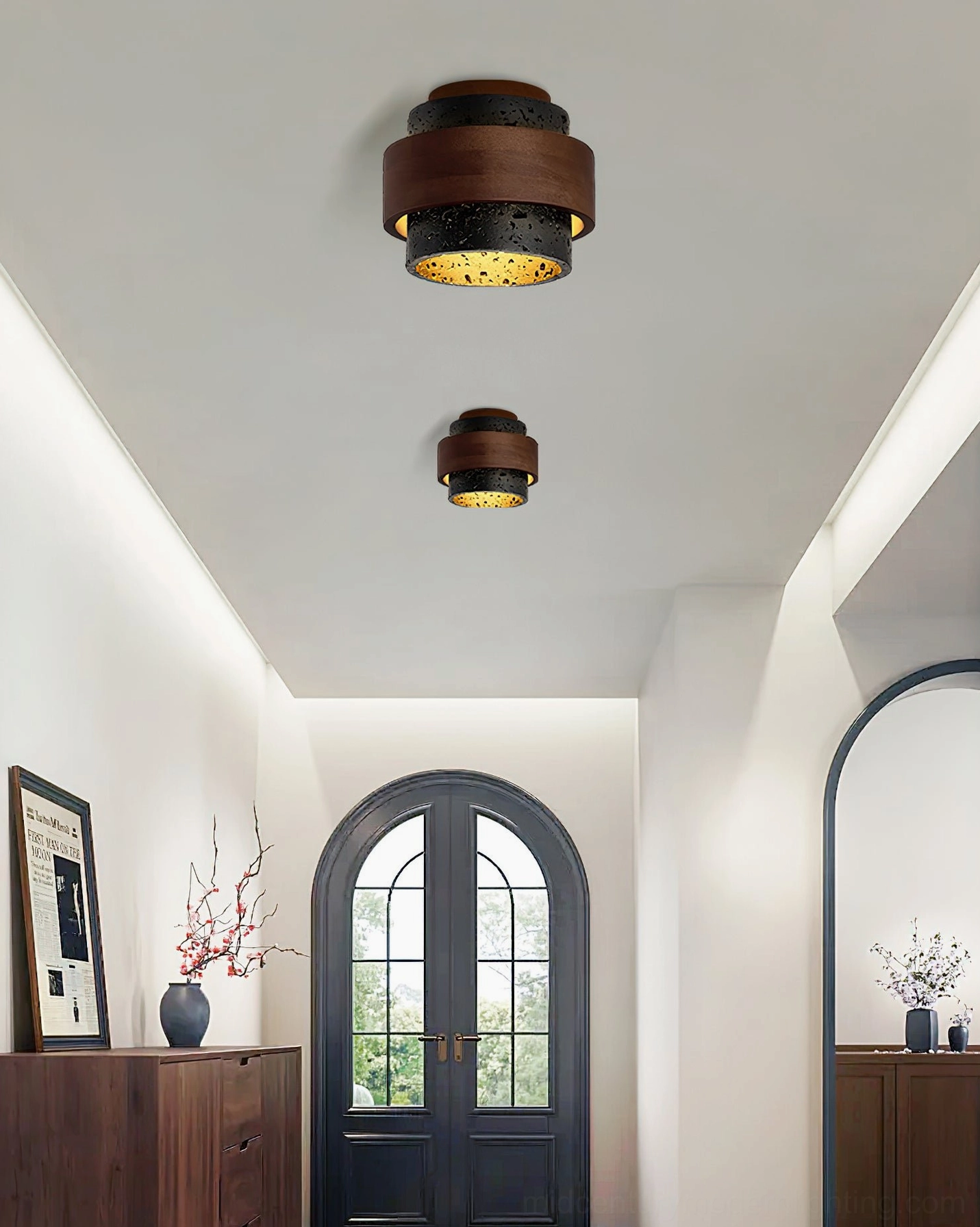 Dual Cole Travertine ceiling lights in classic arched hallway corridor showing mid-century modern home styling