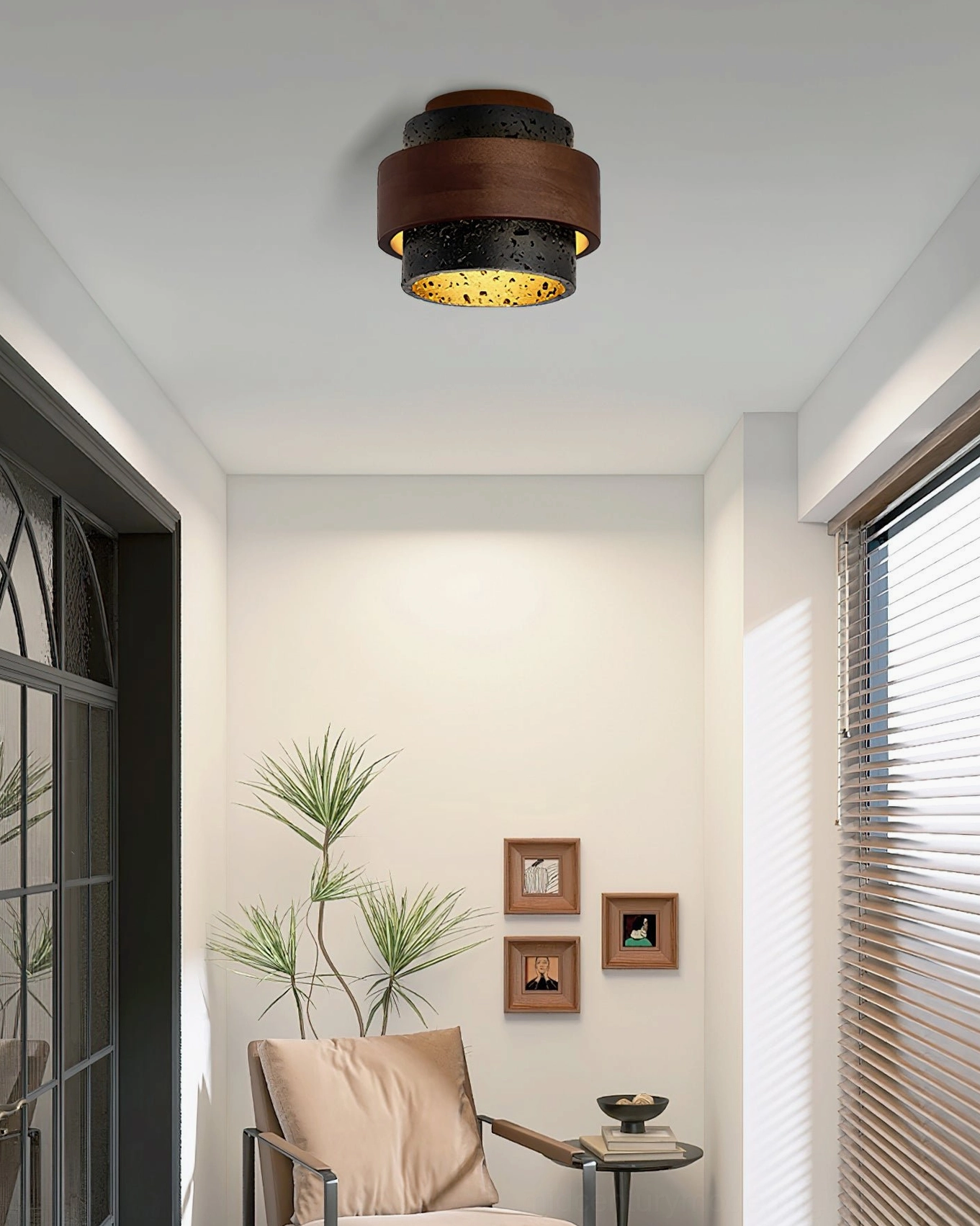 Cole Travertine flush mount light in boho minimalist sitting lounge with contemporary home furnishings
