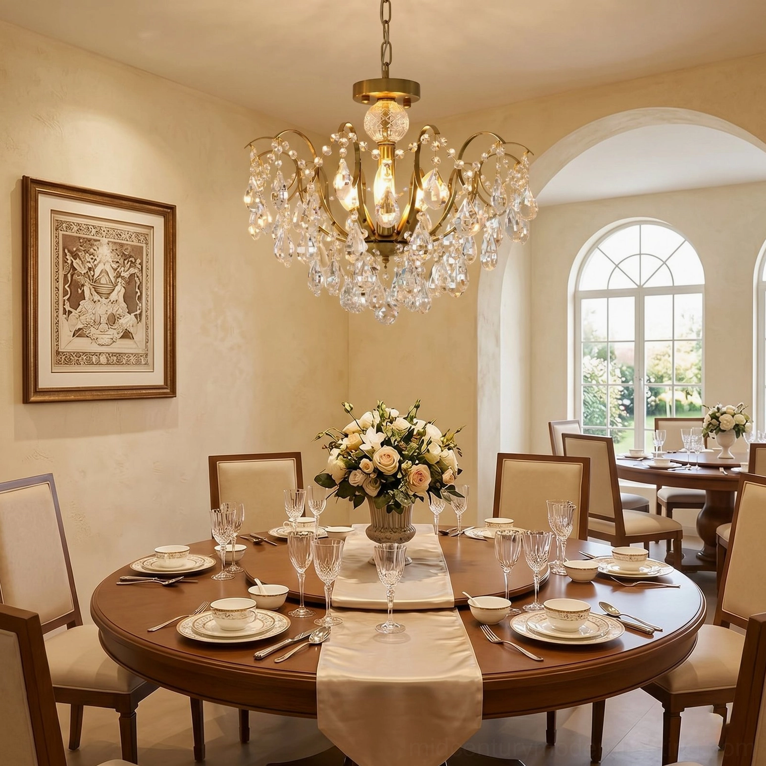 Formal dining room setting featuring Colette Crystal Chandelier with ornate curved brass arms above dining table