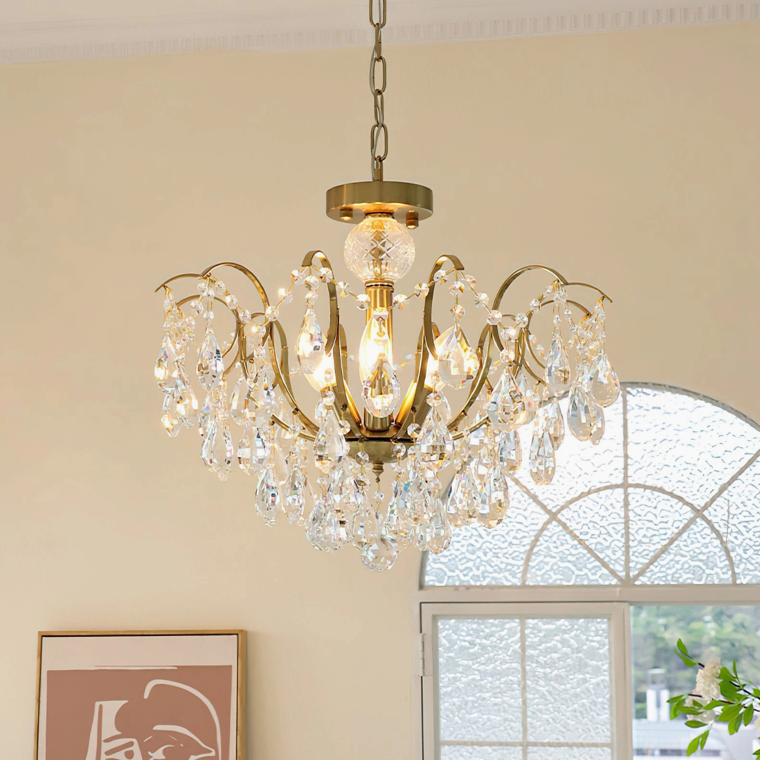 Front close-up of Colette Crystal Chandelier featuring abundant crystal pendants and elegant French style design