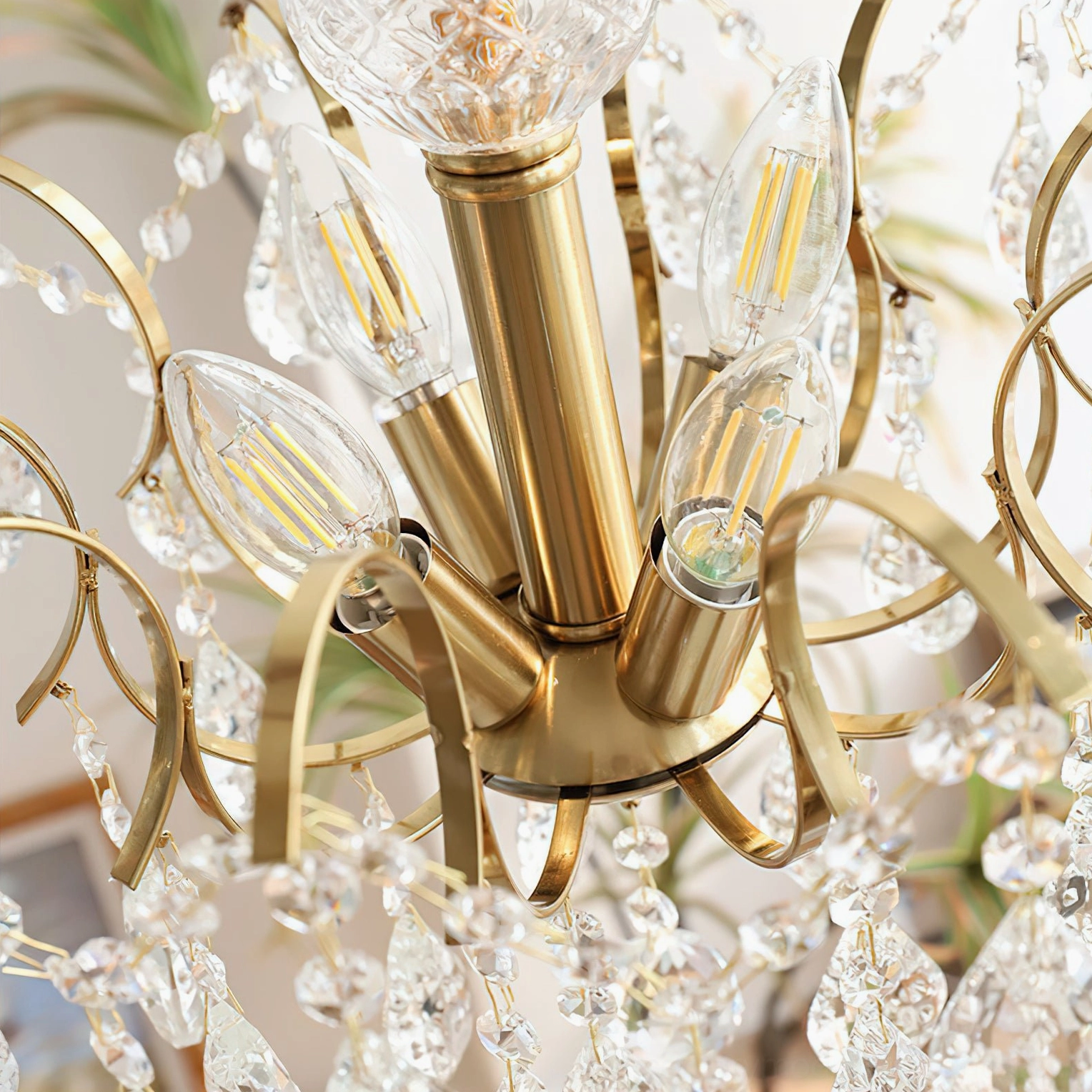 Colette Crystal Chandelier illuminated showing brilliant light refraction through faceted crystals