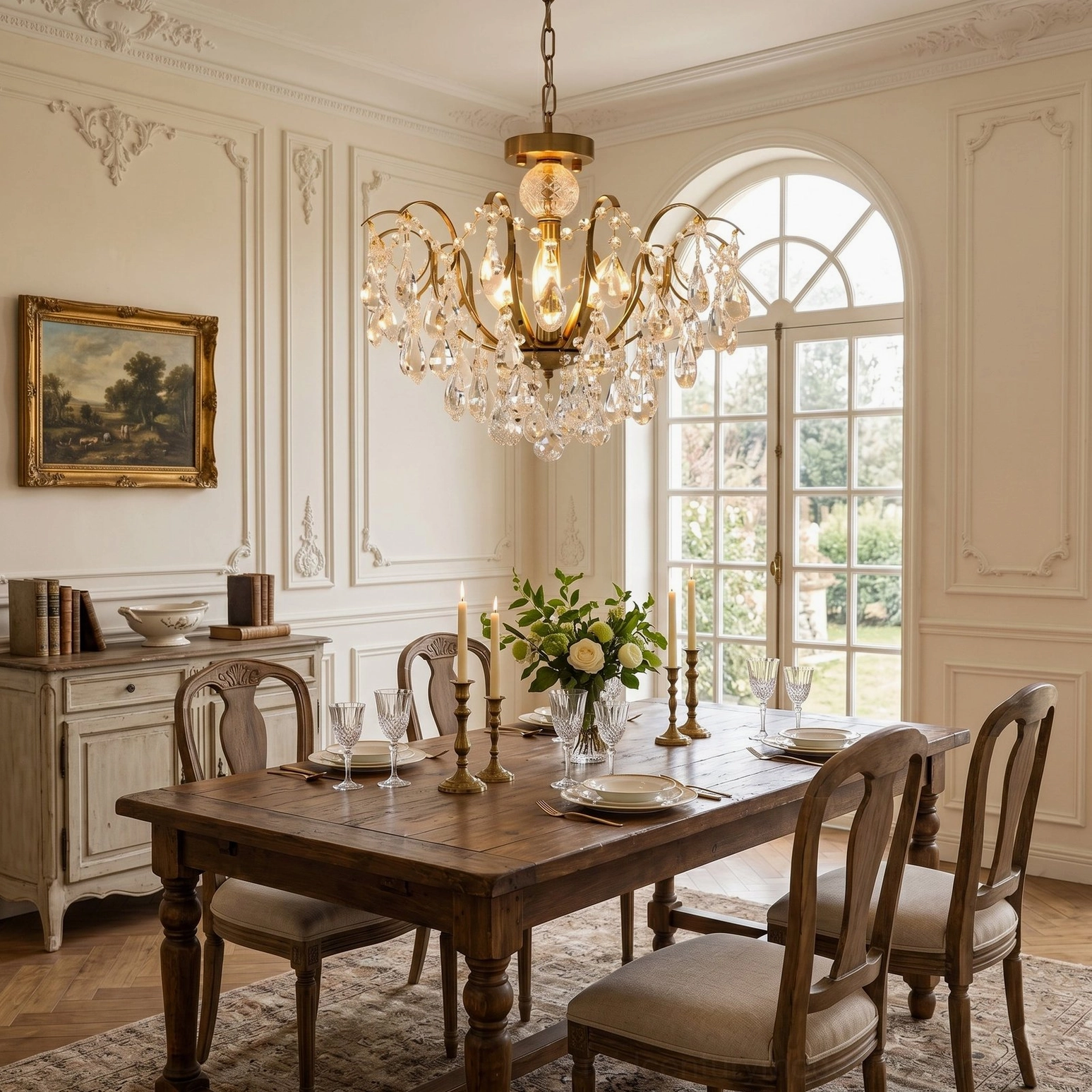 Luxury formal dining space with neoclassical Colette Chandelier glowing above table with arched window