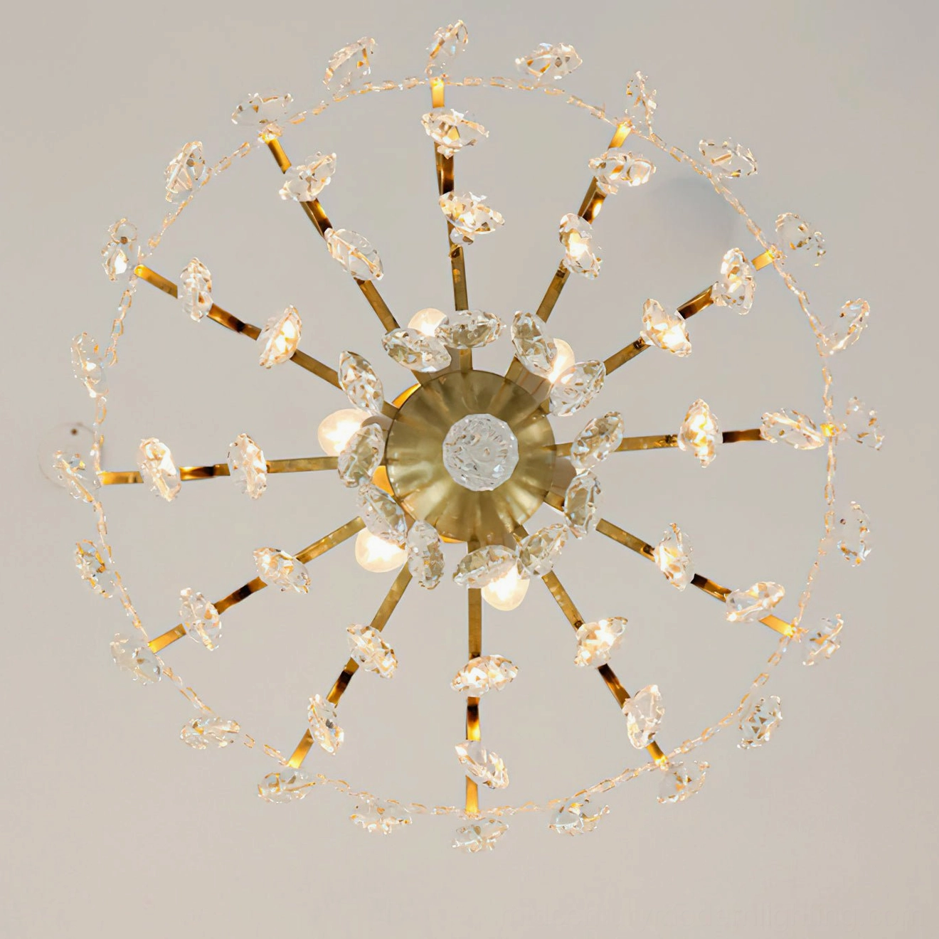 Colette Chandelier overhead view showing full brass frame structure and crystal pendant arrangement