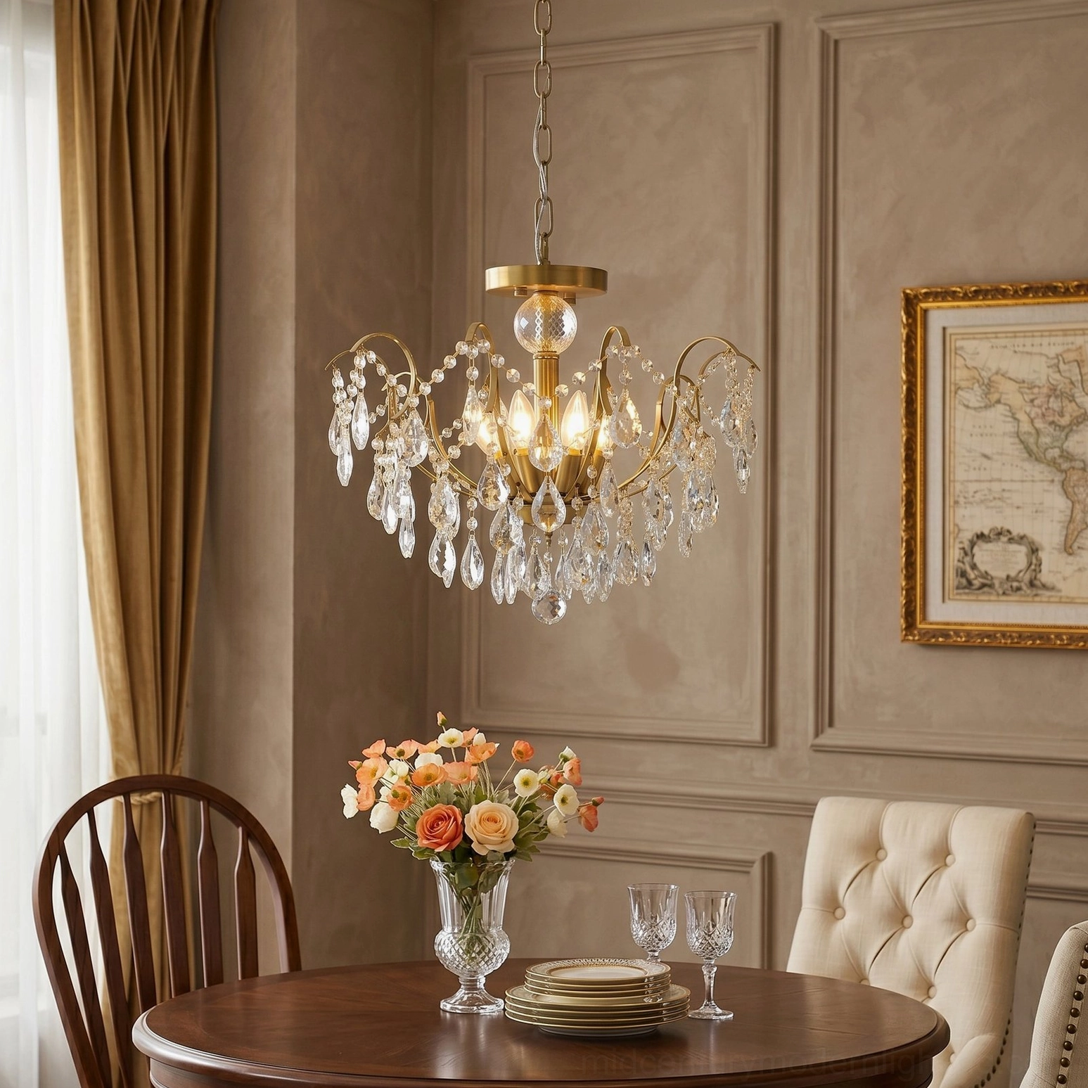 Side view of Colette Crystal Chandelier showcasing polished brass hardware and clear faceted crystal droplets