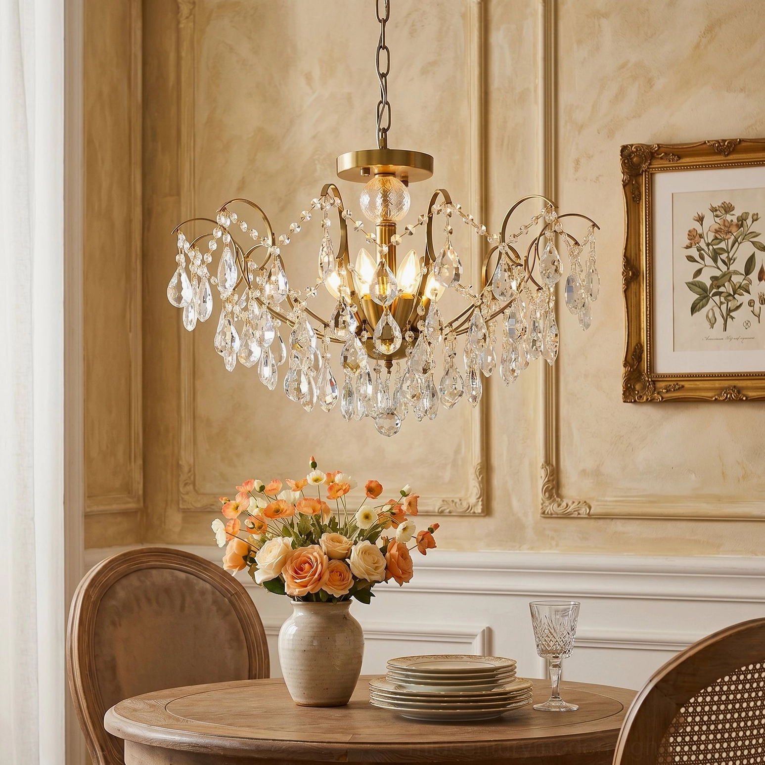 Colette Chandelier suspended in vintage dining corner with classical wall moldings and warm brass finish