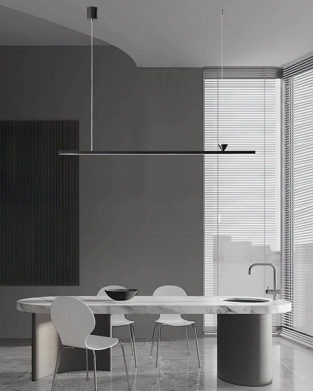 Minimalist black linear pendant light in grey-toned dining kitchen interior