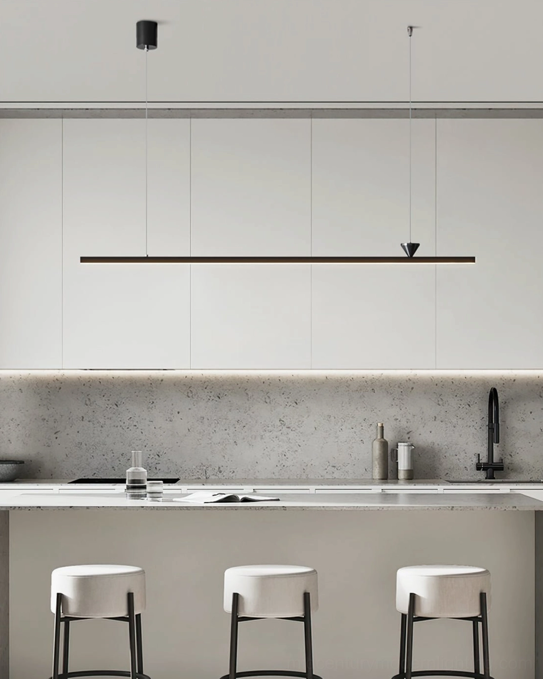 Modern black linear pendant in white kitchen with bar stools