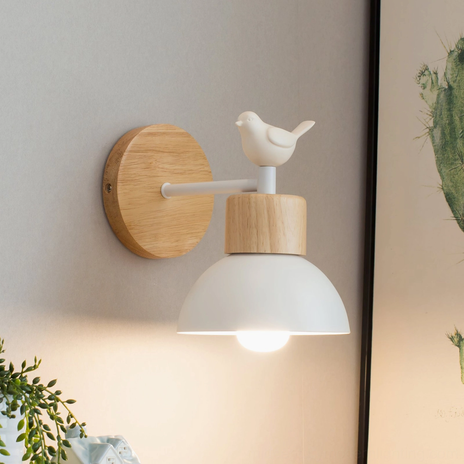 Colorato wood wall lamp mounted on residential wall with warm ambient lighting and natural wood diffuser detail
