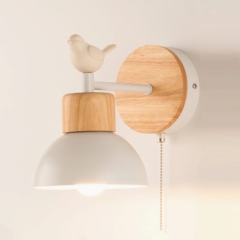 Colorato bird wall sconce model in natural wood finish with matte white metal components, Nordic minimalist design